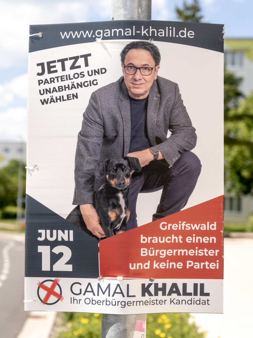 Kandidierendenplakat Greifswald braucht einen Bürgermeister und keine Partei!